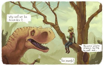 Why We Cannot Be Friends
art by misshappycuteball
Keywords: dinosaur;theropod;tyrannosaurus_rex;trex;feral;human;woman;female;humor;non-adult;misshappycuteball