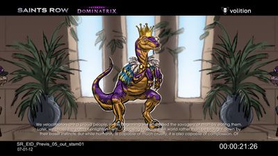 The Velociraptor King
screen capture
Keywords: videogame;saints_row;dinosaur;theropod;raptor;velociraptor;cirano;the_velociraptor_king;feral;solo;non-adult