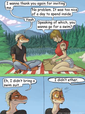 By The Lake 1
art by ldr
Keywords: comic;dinosaur;theropod;raptor;male;anthro;elf;woman;female;M/F;suggestive;humor;ldr