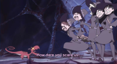 How Dare You Scare Us!
screen capture
Keywords: anime;little_witch_academia;dragon;feral;human;man;male;humor;non-adult