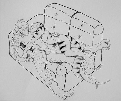 Two Raptors
art by necrodrone13
Keywords: dinosaur;theropod;raptor;male;anthro;M/M;penis;suggestive;necrodrone13