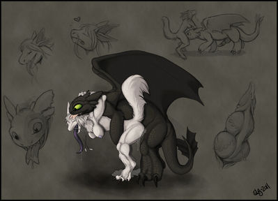 Fun With Toothless
art by slug
Keywords: how_to_train_your_dragon;httyd;night_fury;toothless;dragon;furry;canine;anthro;breasts;male;female;feral;M/F;penis;from_behind;ora;closeup;slug