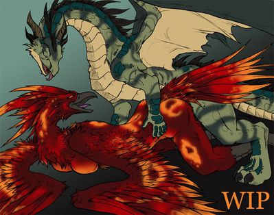 Dragon on Phoenix
art by syrinoth
Keywords: dragon;male;feral;avian;bird;phoenix;female;anthro;breasts;M/F;from_behind;suggestive;syrinoth