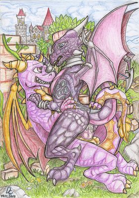 Spyro and Cynder Mating
art by dirty-wolf
Keywords: videogame;spyro_the_dragon;spyro;cynder;dragon;dragoness;male;female;anthro;M/F;penis;cowgirl;vaginal_penetration;spooge;dirty-wolf