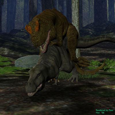 Allosaurus and TRex Mating
art by pasc
Keywords: dinosaur;theropod;tyrannosaurus_rex;trex;allosaurus;male;female;feral;M/F;from_behind;cloacal_penetration;cgi