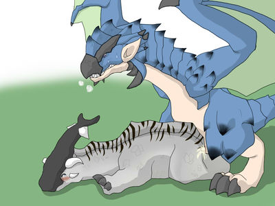 Aptonoth and Rathalos 1
unknown artist
Keywords: videogame;monster_hunter;dragon;wyvern;aptonoth;rathalos;male;female;feral;M/F;from_behind;spooge