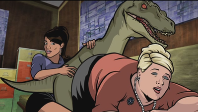 Archersaurus2
screen capture
Keywords: beast;cartoon;archer;dinosaur;theropod;raptor;male;feral;human;woman;female;M/F;from_behind;suggestive;humor