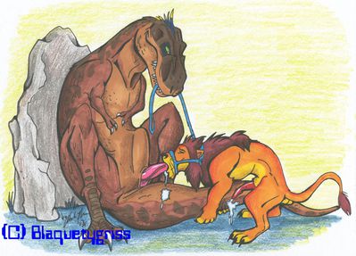 TRex and Lion 1
art by blaquetygriss
Keywords: dinosaur;theropod;tyrannosaurus_rex;trex;male;furry;feline;lion;male;feral;M/M;penis;oral;bondage;spooge;blaquetygriss