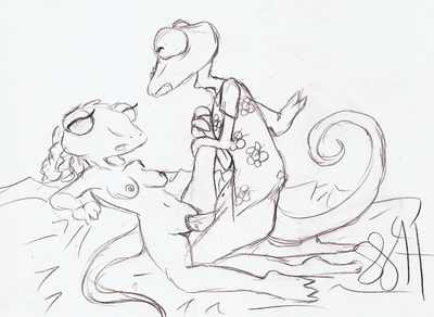Beans and Rango
art by mizukiki
Keywords: cartoon;rango;lizard;bearded_dragon;gecko;male;female;anthro;breasts;M/F;penis;missionary;vaginal_penetration;mizukiki