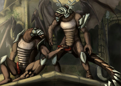 Bell Gargoyles
art by syrinoth
Keywords: videogame;dark_souls;gargoyle;bell_gargoyle;male;anthro;M/M;penis;masturbation;syrinoth