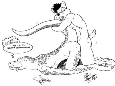 Big Rubber
art by chris_sawyer
Keywords: dinosaur;theropod;feline;furry;male;female;anthro;M/F;from_behind;chris_sawyer