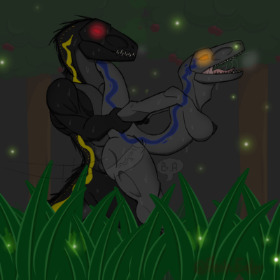 Blue and Indoraptor 2
art by flesheater (?)
Keywords: jurassic_world;dinosaur;theropod;raptor;deinonychus;indominus_rex;indoraptor;hybrid;blue;male;female;anthro;breasts;M/F;penis;from_behind;internal;flesheater