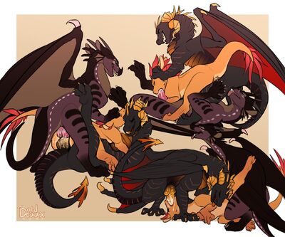 Spitroast and Buffet (Wings_of_Fire)
art by BoldBeaux
Keywords: wings_of_fire;nightwing;skywing;hybrid;dragon;male;feral;M/M;threeway;spitroast;penis;from_behind;cowgirl;anal;oral;69;rimjob;ejaculation;spooge;BoldBeaux