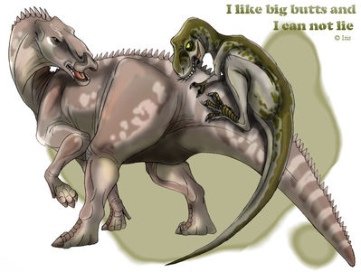 I Like Big Butts And I Cannot Lie
art by isismasshiro
Keywords: dinosaur;theropod;tyrannosaurus;trex;hadrosaur;iguanodon;feral;humor;non-adult;isismasshiro