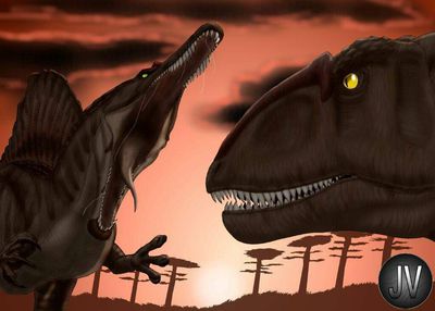 Carcharodontosaurus and Sarcosuchus
art by vitor-silva
Keywords: dinosaur;theropod;carcharodontosaurus;sarcosuchus;feral;non-adult;vitor-silva