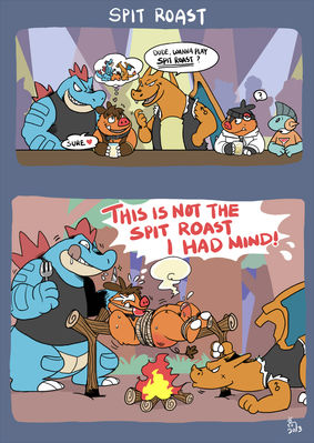 Wrong Spitroast
art by takataka
Keywords: anime;pokemon;crocodilian;alligator;dragon;furry;boar;charizard;feraligatr;pignite;male;anthro;M/M;threeway;spitroast;from_behind;oral;humor;takataka