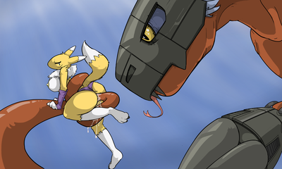 Megadramon x Renamon
art by commoddity
Keywords: anime;digimon;dragon;furry;canine;fox;renamon;megadramon;male;female;anthro;breasts;M/F;bondage;tailplay;vaginal_penetration;spooge;commoddity