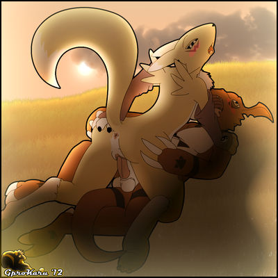 Guilmon and Renamon Making Love
art by gprokaru
Keywords: anime;digimon;dragon;furry;canine;renamon;guilmon;male;female;anthro;breasts;M/F;penis;missionary;vaginal_penetration;gprokaru