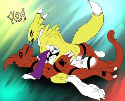 Renamon and Guilmon Have Sex
art by dudey101
Keywords: anime;digimon;dragon;furry;canine;renamon;guilmon;male;female;anthro;breasts;M/F;penis;missionary;vaginal_penetration;dudey101