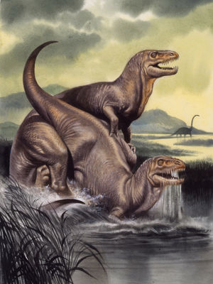 Tyrannosaur Mating
art by Ron Embleton
Keywords: dinosaur;theropod;tyrannosaurus_rex;trex;male;female;feral;M/F;from_behind;ron_embleton