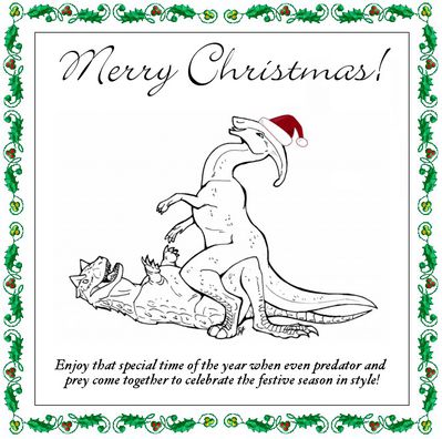 Dino XXXMas
art by blaquetygriss
Keywords: dinosaur;theropod;tyrannosaurus_rex;trex;hadrosaur;parasaurolophus;male;female;feral;M/F;cowgirl;blaquetygriss