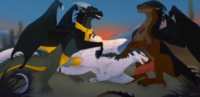 Hybrid Spitroast (Wings_of_Fire)
art by FeanorDark
Keywords: wings_of_fire;mudwing;sandwing;nightwing;hybrid;dragon;dragoness;male;female;feral;M/F;threeway;spitroast;penis;from_behind;vaginal_penetration;oral;FeanorDark