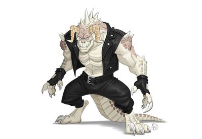 Deathclaw Biker
art by FurryBob
Keywords: videogame;fallout;reptile;lizard;deathclaw;male;anthro;solo;non-adult;FurryBob