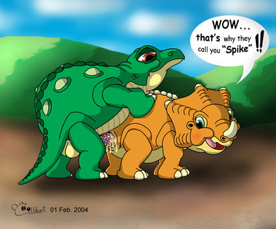 Sp That's Why They Call You Spike
art by Gilbhart
Keywords: cartoon;land_before_time;lbt;dinosaur;ceratopsid;triceratops;stegosaurus;cera;spike;male;female;anthro;M/F;penis;from_behind;vaginal_penetration;humor;spooge;Gilbhart