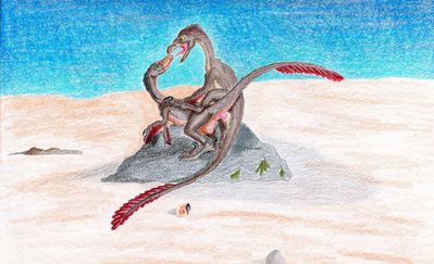 Troodont Mating Behavior
art by blackraptor
Keywords: dinosaur;theropod;troodont;male;female;feral;M/F;penis;from_behind;cloacal_penetration;blackraptor