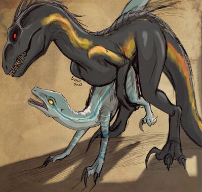 Indoraptor and Blue
art by IAmHated91
Keywords: jurassic_world;dinosaur;theropod;raptor;indominus_rex;raptor;blue;indoraptor;male;female;feral;M/F;penis;suggestive;IAmHated91
