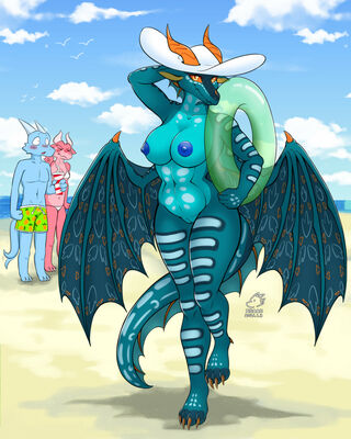 On The Beach (Wings_of_Fire)
art by ISAACLOU
Keywords: wings_of_fire;seawing;skywing;hybrid;dragoness;anthro;breasts;solo;vagina;beach;ISAACLOU