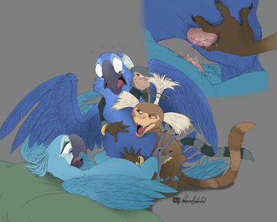 Blu and Jewel
art by InfamousMustelid
Keywords: cartoon;rio;bird;avian;primate;monkey;parrot;blu;jewel;male;female;anthro;M/F;missionary;cloaca;suggestive;spooge;closeup;InfamousMustelid