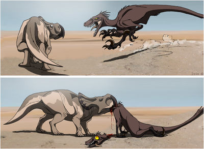 Oh Snap
art by isismasshiro
Keywords: dinosaur;ceratopsid;protoceratops;theropod;raptor;velociraptor;feral;gore;humor;non-adult;isismasshiro