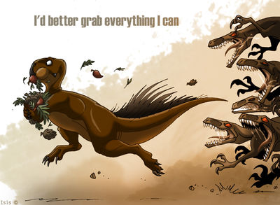 Better Grab Everything I Can
art by isismasshiro
Keywords: dinosaur;theropod;raptor;ceratopsid;psittacosaurus;feral;humor;non-adult;isismasshiro