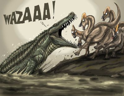 Wazaaa!
art by isismasshiro
Keywords: crocodilian;deinosuchus;dinosaur;hadrosaur;corythosaurus;feral;humor;non-adult;isismasshiro