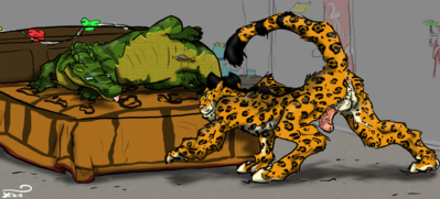 Janksy Booty
art by jesie
Keywords: crocodilian;alligator;furry;feline;leopard;male;female;anthro;M/F;penis;vagina;suggestive;jesie