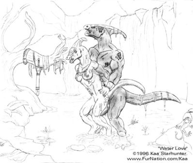 Water Love 1
art by kaa
Keywords: dinosaur;hadrosaur;parasaurolophus;male;female;anthro;breasts;M/F;from_behind;penis;spooge;kaa
