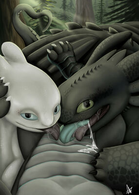 Night_Fury Double Team
art by KristinaGoose
Keywords: how_to_train_your_dragon;httyd;nubless;toothless;night_fury;dragon;dragoness;male;female;feral;M/F;M/M;threeway;penis;oral;spooge;KristinaGoose
