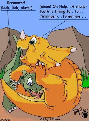 Coining A Phrase
art by Kthanid
Keywords: cartoon;land_before_time;lbt;dinosaur;ceratopsid;triceratops;hadrosaur;cera;ducky;female;anthro;lesbian;vagina;oral;Kthanid