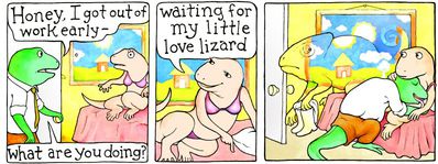 Love Lizard
art by pbfcomics
Keywords: comic;lizard;chameleon;male;female;anthro;breasts;M/F;suggestive;pbfcomics