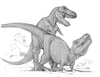 TRex Sex
art by Raul Martin
Keywords: dinosaur;theropod;tyrannosaurus_rex;trex;male;female;feral;M/F;from_behind;raul_martin