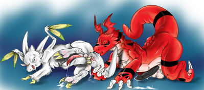 Chibi x Guilmon
art by narse
Keywords: anime;digimon;dragon_drive;dragon;guilmon;chibisuke;male;anthro;M/M;penis;anal;spread;spooge;narse
