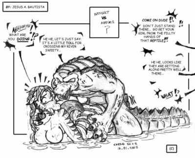 Nature vs Instinct
art by jesus_bautista
Keywords: crocodilian;crocodile;furry;equine;zebra;male;female;anthro;breasts;M/F;from_behind;jesus_bautista
