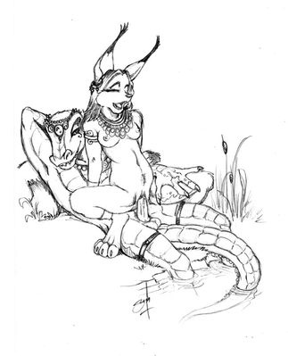 Nile Love
art by seraph
Keywords: crocodilian;crocodile;furry;canine;jackal;male;female;anthro;breasts;M/F;penis;reverse_cowgirl;vaginal_penetration;seraph