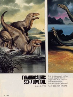 Tyrannosaurus sex: A Love Tail 1
article by Sandy Fritz and Ron Embelton
Keywords: dinosaur;theropod;tyrannosaurus_rex;trex;sauropod;male;female;feral;M/F;from_behind;article;omni;magazine;sandy_fritz;ron_embelton