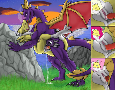 Spyro and Renamon
art by PaciKat
Keywords: videogame;spyro_the_dragon;anime;digimon;spyro;renamon;dragon;furry;canine;fox;male;female;anthro;M/F;penis;vagina;missionary;vaginal_penetration;closeup;spooge;PaciKat