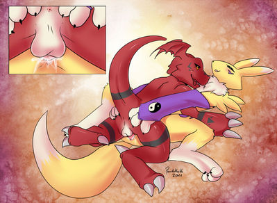 Guilmon Having Sex With Renamon
art by pandablubb
Keywords: anime;digimon;dragon;furry;canine;fox;guilmon;renamon;male;female;anthro;M/F;missionary;penis;vaginal_penetration;closeup;spooge;pandablubb