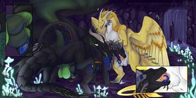 Between a Rock and a Hard Place (Wings_of_Fire)
art by PlanariaWormova
Keywords: wings_of_fire;seawing;hybrid;dragon;male;feral;M/M;penis;threeway;spitroast;from_behind;oral;anal;closeup;planariawormova