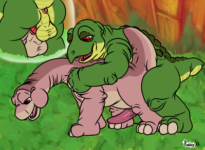 Littlefoot and Spike Mating
art by puggy
Keywords: cartoon;land_before_time;lbt;dinosaur;sauropod;apatosaurus;stegosaurus;littlefoot;spike;male;anthro;M/M;from_behind;penis;anal;closeup;humor;puggy