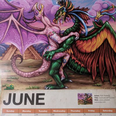 Quetzalcoatl Quickie
art by piotr_radecki
Keywords: dragon;dragoness;male;female;anthro;breasts;M/F;apron;suggestive;humor;piotr_radecki